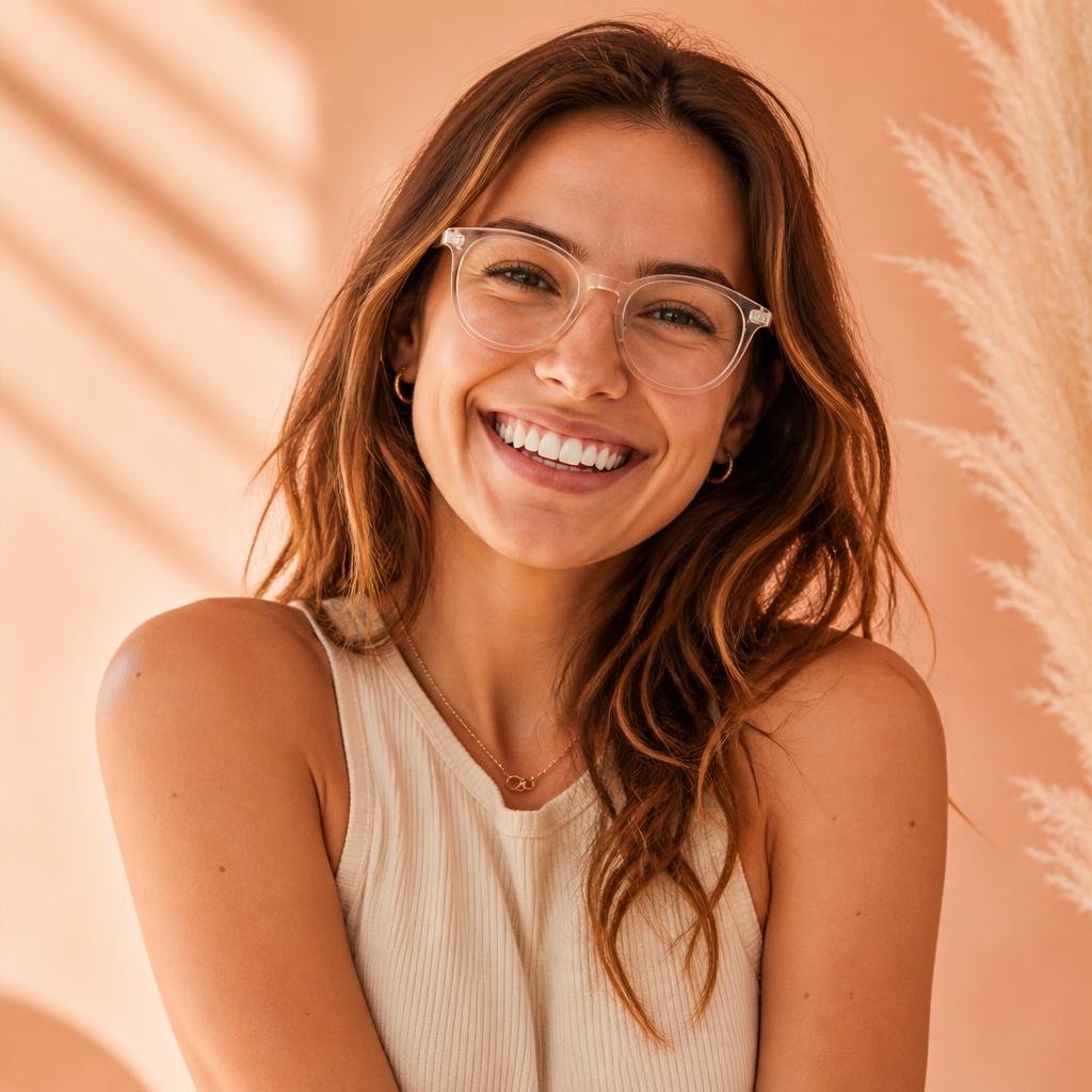 Happy customer wearing modern clear-acetate prescription glasses
