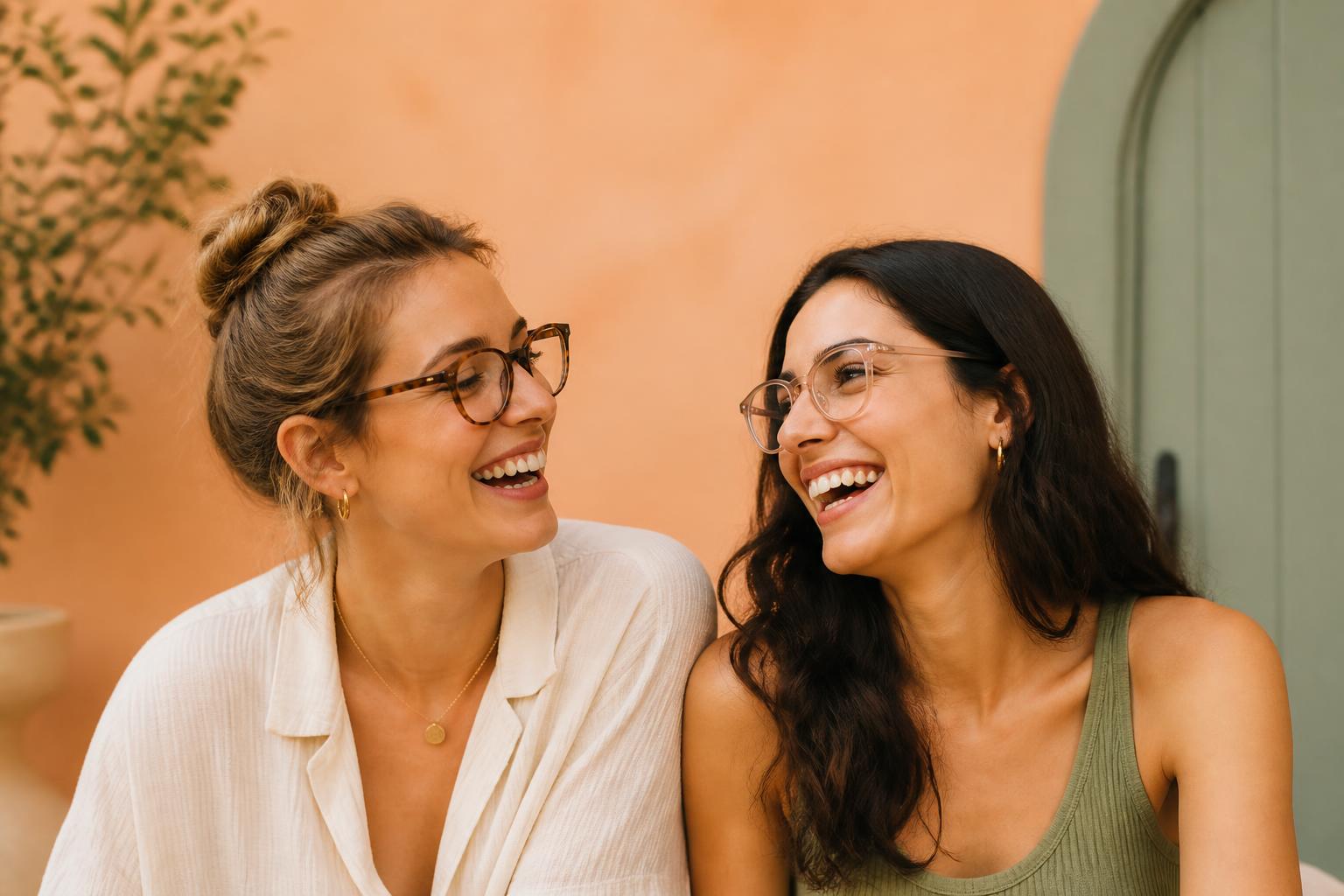 Two friends laughing together, both wearing prescription glasses with fresh lenses